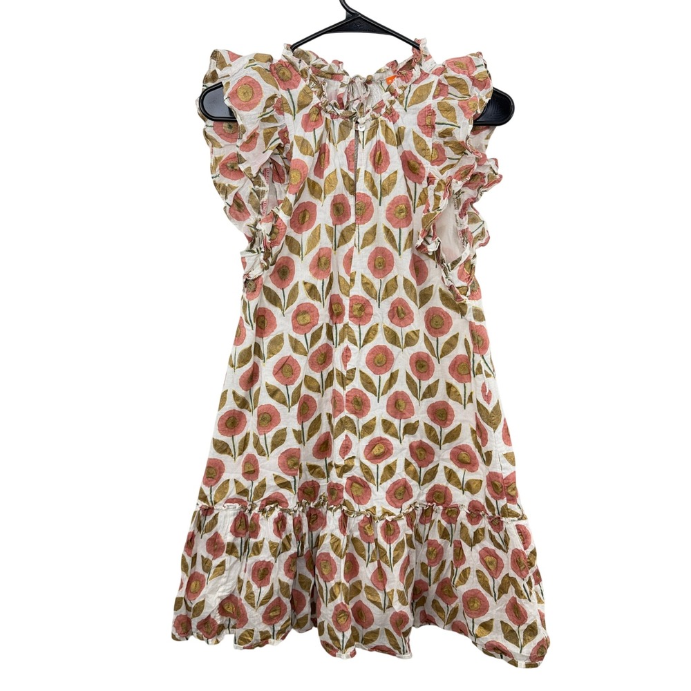 Oliphant Dress Womens Small White Pink Gold Floral Ruffle Sleeve Tiered Cotton *